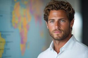 A young man in a white shirt stands in front of a world map. photo