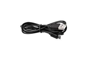Black USB A to micro USB charging and data cable, coiled with a twist tie, isolated on white back photo