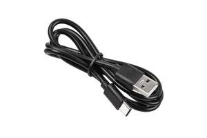 Black USB A to USB-C charging and data cable, coiled and secured with a tie, isolated on white back photo
