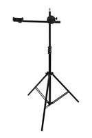 Adjustable tripod stand with horizontal extension arm and phone holder, isolated on white back photo