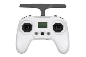 White RC controller with screen and dual joystick design, isolated on white back photo