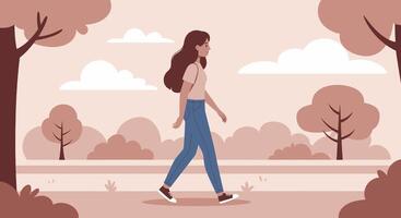 A woman walking in the park with trees and bushes vector