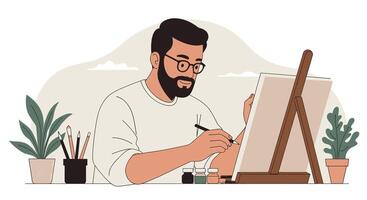 A man with a beard and glasses is drawing on an easel vector