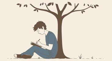 A man sitting under a tree writing on a notebook vector