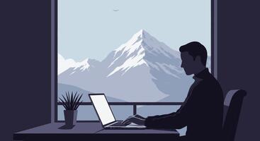 A man is sitting at a desk with a laptop and mountain view vector