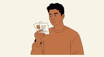 A man holding a piece of paper with a piece of paper on it vector