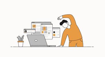 A man is working on his laptop while standing in front of a desk vector