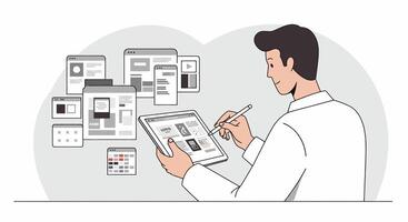 A man in a lab coat is using a tablet vector