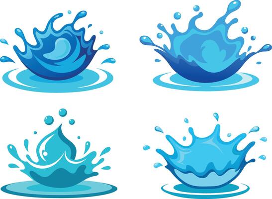 Four stylized blue water splash illustrations