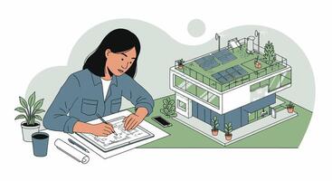 A woman is working on a project in front of a house with a green roof vector