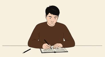 A man is writing in a notebook with a pen vector