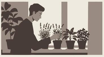 A man is looking at plants in pots on a window sill vector