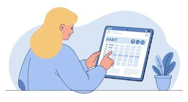 A woman is using a tablet to check her schedule vector