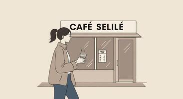 A woman is standing outside a cafe with a cup of coffee vector