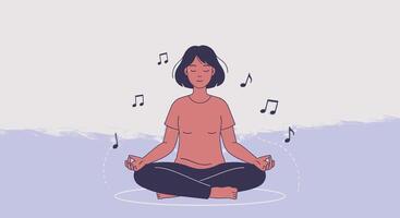 A woman meditating in a lotus position with music notes vector