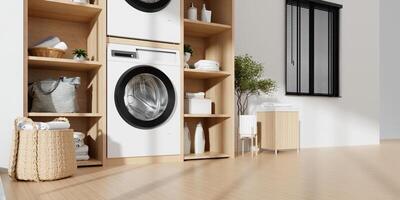 Modern home laundry space defined by simplicity and functionality. 3D render illustration photo