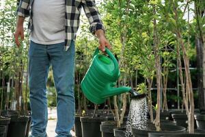 With watering, can... Senior gardener is at work at daytime photo