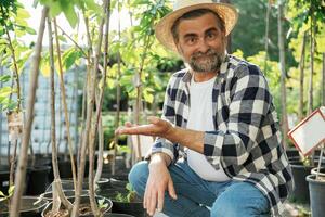 Sitting nea,r plants,, in the pot. Senior gardener is at work at daytime photo
