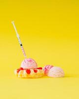 Syringe injecting pink liquid into delicious waffle with raspberries and ice cream scoop on bright yellow background. Minimal experimental dessert or food science concept. photo