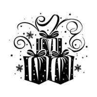 Three festive gift boxes with bows, swirling ribbons, and snowflakes in black and white graphic style on white background, concept of celebration vector