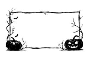 Halloween pumpkins and bats in spooky black frame on white background. vector