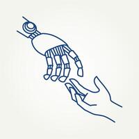 minimalist human and robot hands reaching for each other line art icon logo illustration design. simple modern collaboration between humans and robots logo concept vector