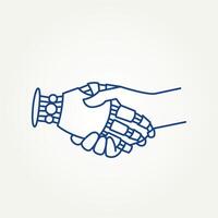 minimalist human and robot hands shake line art icon logo illustration design. simple modern cooperation with artificial intelligence logo concept vector