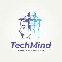 minimalist head with brain chip line art icon logo illustration design. simple modern artificial intelligence logo concept vector