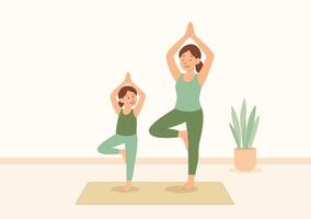 Mother and Daughter Practicing Yoga in Tree Pose vector