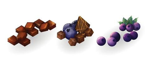 Set of watercolor chocolate and blueberries topping element isolated on white background vector