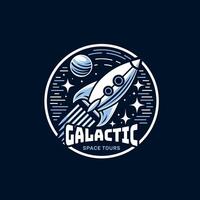Retro space rocket logo with stars and planet for futuristic brand or space-themed project vector