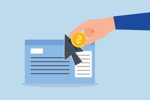 Paid media, entrepreneur advertiser insert cash token into cursor to select to webpage. vector