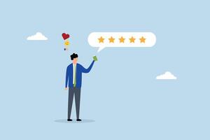 Customer feedback from mobile application, content individual with phone providing 5 star review. vector