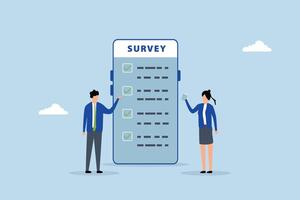 Online survey questionnaire, man and woman using mobile or smartphone to fill in online survey checklist. vector