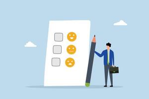 Customer rating, man grasping a pencil reflects on their experience while rating survey that features happy, neutral, and angry facial expressions. vector