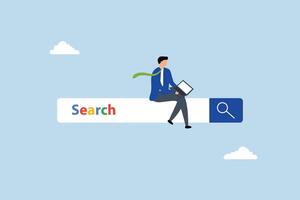 Search box, man working with computer laptop on search box with magnifying glass button. vector