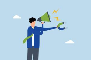 entrepreneur yelling into megaphone while using magnet to draw in customers. vector