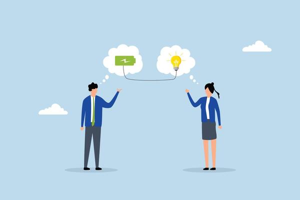 Mentor, businessman mentor help employee to get new light bulb idea.