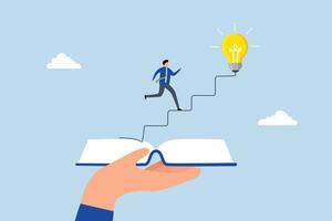 Effective learning new knowledge lead to success, young man running on opening book with stair up to lightbulb idea. vector