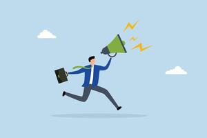 Business shout out, businessman using megaphone speak out loud to be heard in public. vector