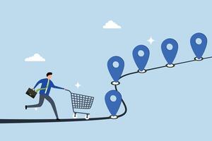 Customer journey, man with trolley shopping cart on customer journey map. vector