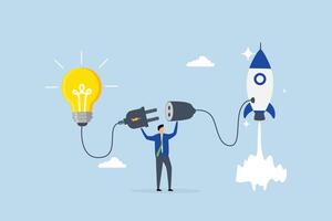 Entrepreneur business idea creating startup company, businessman connect lightbulb idea with launching rocket. vector
