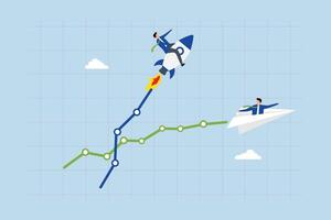 Boost performance, businessman riding fast rising speed rocket on graph. vector