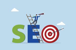 SEO, businessman climb up ladder on the word SEO with arrow hit target. vector