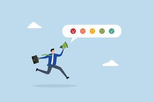 Customer satisfaction survey, man shouting with satisfaction emoticon. vector