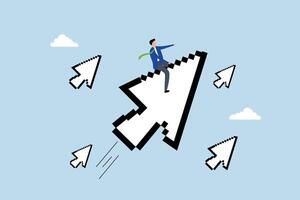 digital marketing, businessman riding digital pixel mouse pointer to click on button. vector