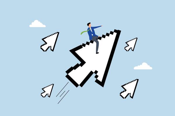 digital marketing, businessman riding digital pixel mouse pointer to click on button.