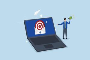 Email marketing, businessman with megaphone and targeting email on computer laptop. vector
