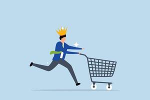 Customer is king, man customer wearing king crown running with shopping cart ready to buy product. vector