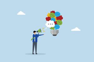 Communication, businessman talking on megaphone with speech bubble lightbulb idea. vector